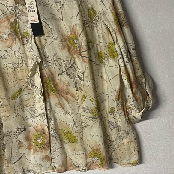 Talbots Shirt Women 20WP Beige Ruffle Button Front Cotton Floral Roll Tab Sleeve - Picture 4 of 9